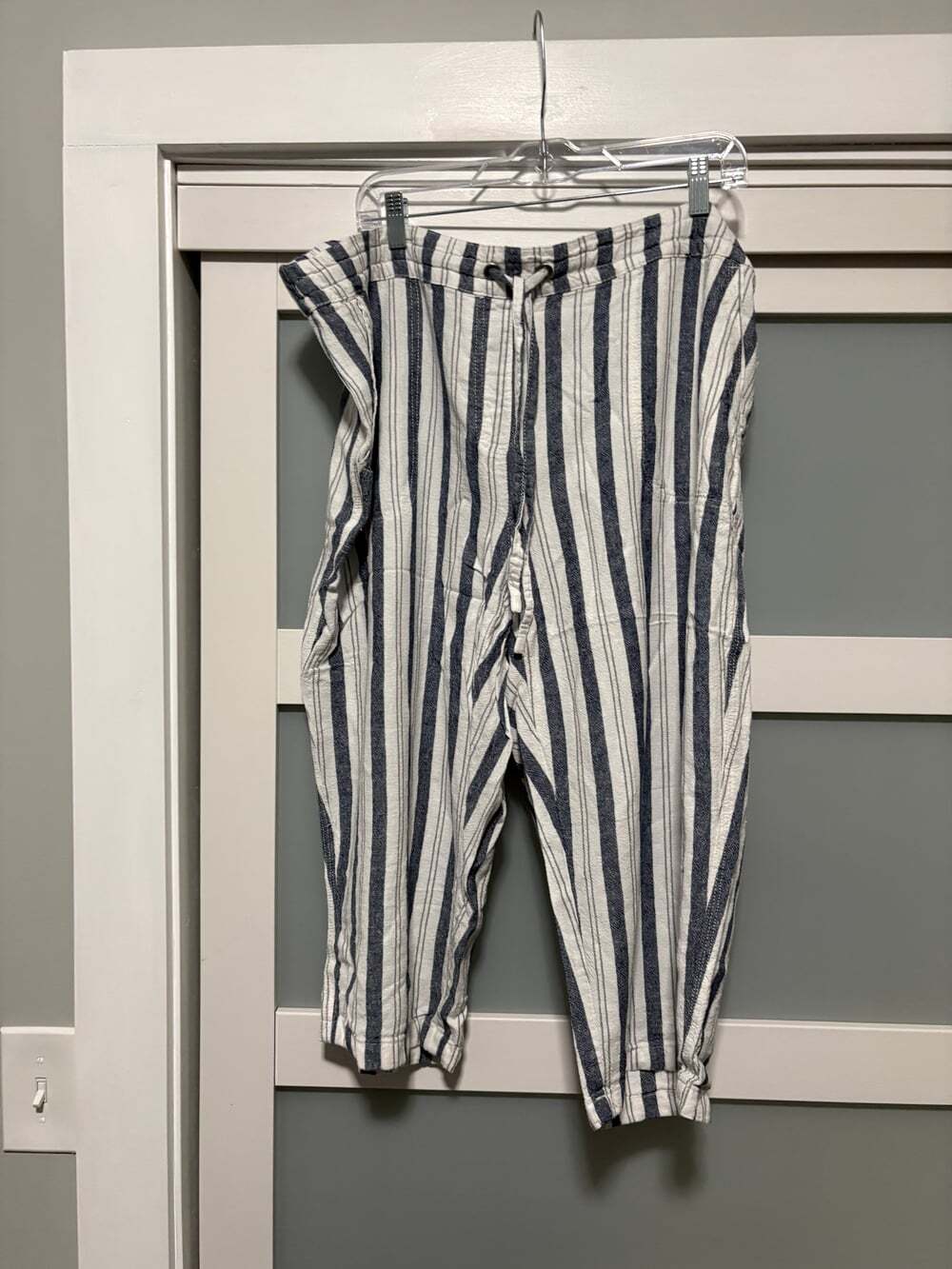 Per Se Women's Navy White Stripe Linen Blend Capri Ankle Pants sz 2X